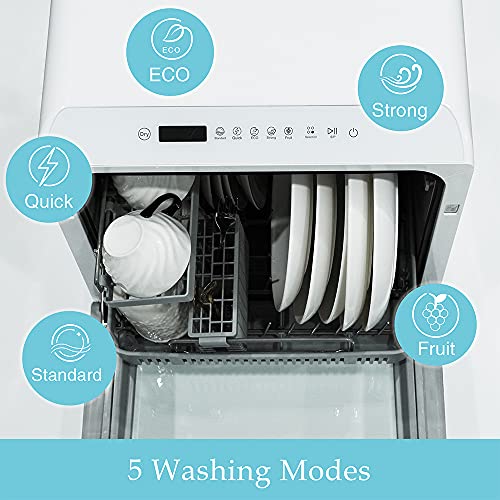Table Top Dishwasher, Mini Countertop Dishwasher Portable, 6 Programs, Built-in 5L Water Tank, 4 Place Settings, Touch Control, LED Display, Fruit Wash, No Installation, White