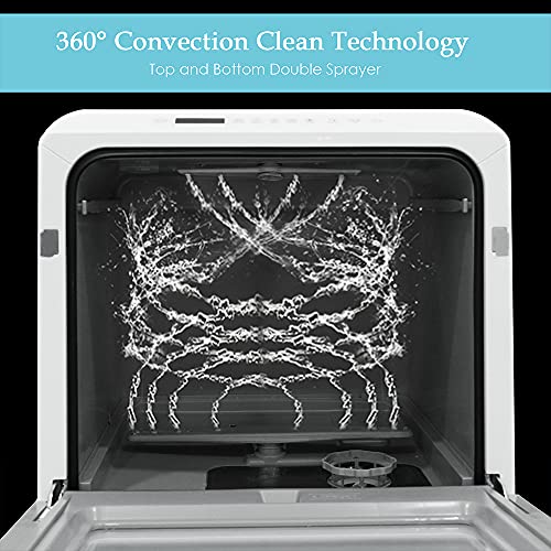 Table Top Dishwasher, Mini Countertop Dishwasher Portable, 6 Programs, Built-in 5L Water Tank, 4 Place Settings, Touch Control, LED Display, Fruit Wash, No Installation, White
