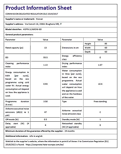 Hoover HDPN1L360OW Free Standing Full Size Dishwasher, 13 Place Settings, 60 cm Wide, Smart enabled, White