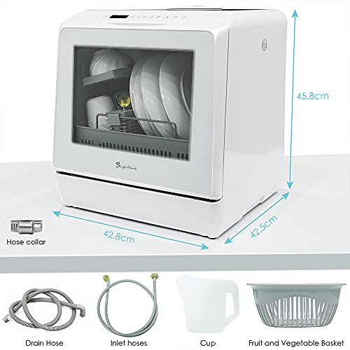 Table Top Dishwasher, Mini Countertop Dishwasher Portable, 6 Programs, Built-in 5L Water Tank, 4 Place Settings, Touch Control, LED Display, Fruit Wash, No Installation, White