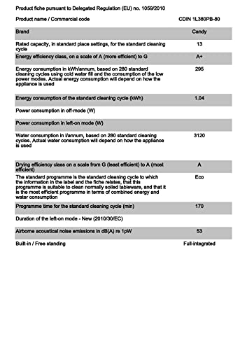 Candy CDIN 1L380PB-80 Integrated Full Size Dishwasher, 13 place settings, WIFI&Bluetooth, Black control panel