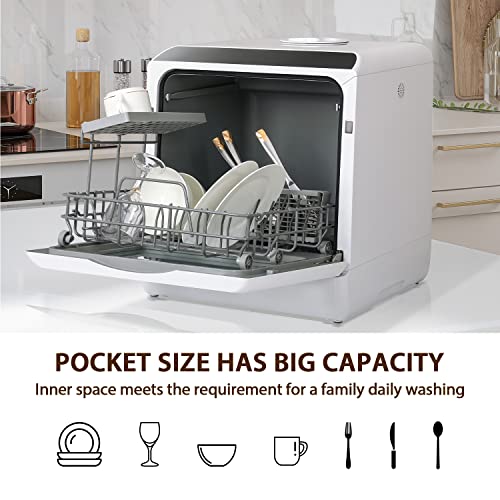 eklipt Mini Table Top Dishwasher Portable Countertop Dishwasher with 5 Programs, Built-in 5L Water Tank Dual Water Supply Modes with Touch Control, LED Display, Drying Cycle & Fruit Wash