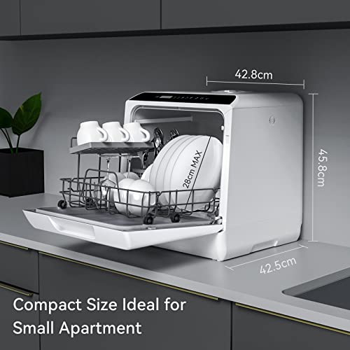Hermitlux Mini Table Top Dishwasher, Countertop Dishwasher with 6 Programmes, 4 Place Settings, 5L Built-in Water Tank, Touch Control, Baby Care & Fruit Wash - White