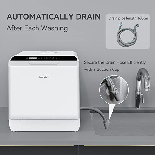 Hermitlux Mini Table Top Dishwasher, Countertop Dishwasher with 6 Programmes, 4 Place Settings, 5L Built-in Water Tank, Touch Control, Baby Care & Fruit Wash - White