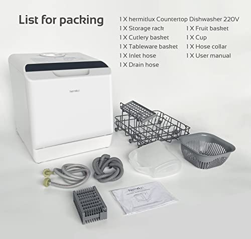 Hermitlux Mini Table Top Dishwasher, Countertop Dishwasher with 6 Programmes, 4 Place Settings, 5L Built-in Water Tank, Touch Control, Baby Care & Fruit Wash - White
