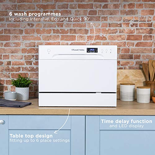 Russell Hobbs RHTTDW6W Freestanding Compact Dishwasher, Eco mode, 6 place_settings, White, Noise level: decibels 52