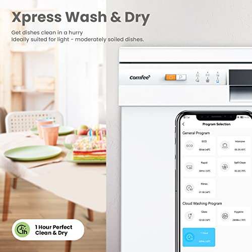COMFEE' Freestanding Dishwasher FD1201P-W with 12 place settings, Cloud Wash, Delay Start, Half Load Function, Flexible Racks - White (KWH-FD1201P-W)