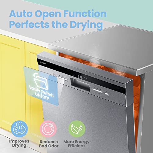 COMFEE' Freestanding Dishwasher FD1435E-X with 14 place settings, Full Size, Whisper Quiet 44dB, Wide LED Display, Delay Start, Half Load Function, Flexible Racks, Stainless Steel