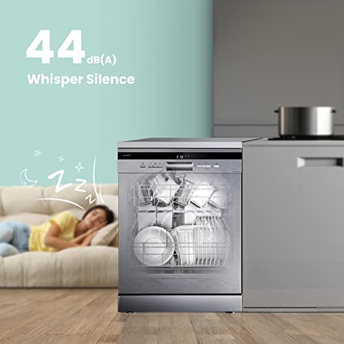 COMFEE' Freestanding Dishwasher FD1435E-X with 14 place settings, Full Size, Whisper Quiet 44dB, Wide LED Display, Delay Start, Half Load Function, Flexible Racks, Stainless Steel