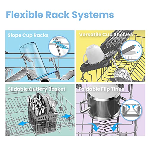 COMFEE' Freestanding Dishwasher FD1435E-X with 14 place settings, Full Size, Whisper Quiet 44dB, Wide LED Display, Delay Start, Half Load Function, Flexible Racks, Stainless Steel