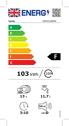 Candy, CDPN1L390PW Freestanding Full Size Dishwasher, 13 Place Settings, 60 cm Wide, Smart Enabled, White, One Size