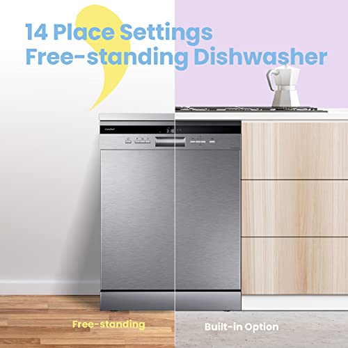COMFEE' Freestanding Dishwasher FD1435E-X with 14 place settings, Full Size, Whisper Quiet 44dB, Wide LED Display, Delay Start, Half Load Function, Flexible Racks, Stainless Steel