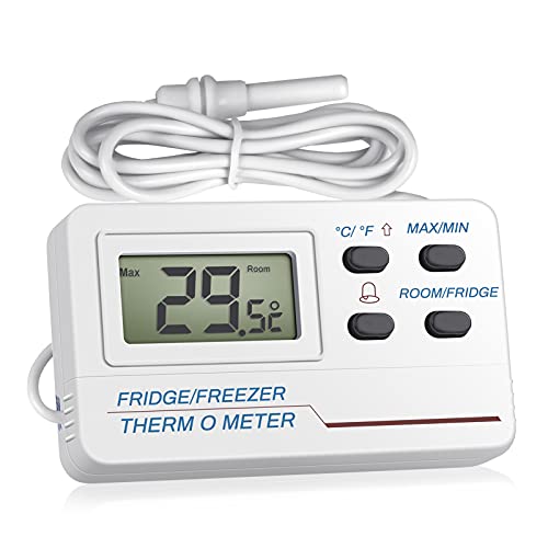 Fridge Thermometer Digital, Welltop Freezer Thermometer with Probe, Freezer Alarm with Max/Min Memory for Home Kitchen Bars Cafes