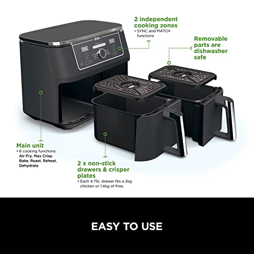 Ninja Foodi MAX Dual Zone Digital Air Fryer, 2 Drawers, 9.5L, 6-in-1, Uses No Oil, Air Fry, Max Crisp, Roast, Bake, Reheat, Dehydrate, Cook 8 Portions, Non-Stick Dishwasher Safe Baskets, Black AF400UK
