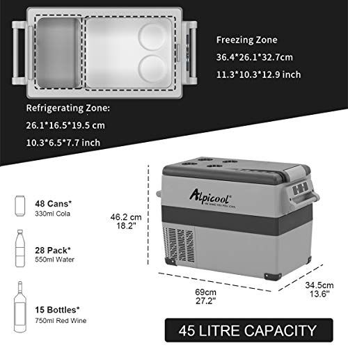 Alpicool CF45 45L Car Refrigerator Portable Car Fridge Freezer 12/24v Campervan Boat DC Electric Cooler for Camping, Driving, Picnic