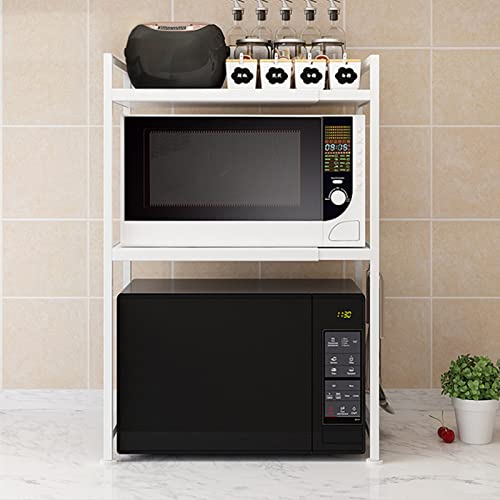 SEEZSSA Expandable Microwave Oven Rack, 3-Tier Kitchen Microwave Shelf with 3 Hooks, Height & Width Adjustable, Carbon Steel Kitchen Storage Organizer Counter Shelf Stand, White (40-64 x 29 x 78 cm)