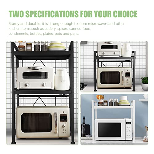 SEEZSSA Expandable Microwave Oven Rack, 3-Tier Kitchen Microwave Shelf with 3 Hooks, Height & Width Adjustable, Carbon Steel Kitchen Storage Organizer Counter Shelf Stand, White (40-64 x 29 x 78 cm)
