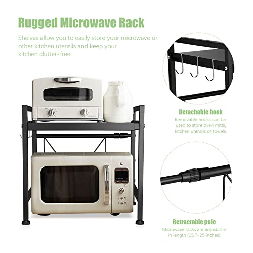SEEZSSA Expandable Microwave Oven Rack, 3-Tier Kitchen Microwave Shelf with 3 Hooks, Height & Width Adjustable, Carbon Steel Kitchen Storage Organizer Counter Shelf Stand, White (40-64 x 29 x 78 cm)