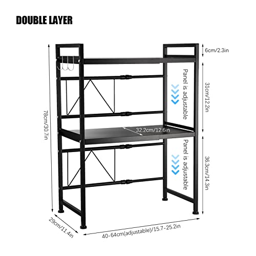 SEEZSSA Expandable Microwave Oven Rack, 3-Tier Kitchen Microwave Shelf with 3 Hooks, Height & Width Adjustable, Carbon Steel Kitchen Storage Organizer Counter Shelf Stand, White (40-64 x 29 x 78 cm)