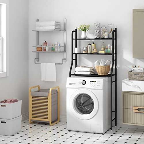 MOYIPIN 3-Tier Drum Washing Machine Storage Rack Space-Saving Bathroom Storage Rack Above The Toilet, Multi-Functional,Bearing Strong, Adjustable Storage Rack Steel,Black
