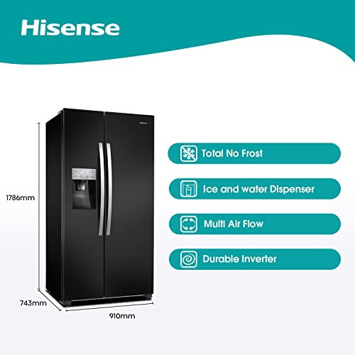 Hisense RS694N4IBF Freestanding Side-by-Side Door American Fridge Freezer 562L 91 x 178.6 x 74.3 cm (W x H x D), Black, Varnished Door