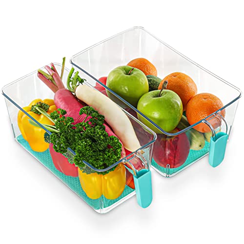Kurtzy 2 Pack Kitchen Fridge & Cupboard Storage Bins with Handles and Non-Slip Base - 31cm/12 Inches Length - Clear Plastic Refrigerator Tubs for Bathroom, Pantry, Drawer, Freezer (2 Sizes)