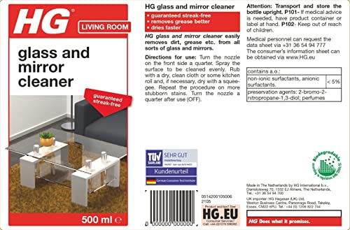 HG Glass and Mirror Cleaner, Streak-Free Glass Cleaner, Effectively Removes Grease & Dirt from Windows & Surfaces Quickly (500ml) - 142050106