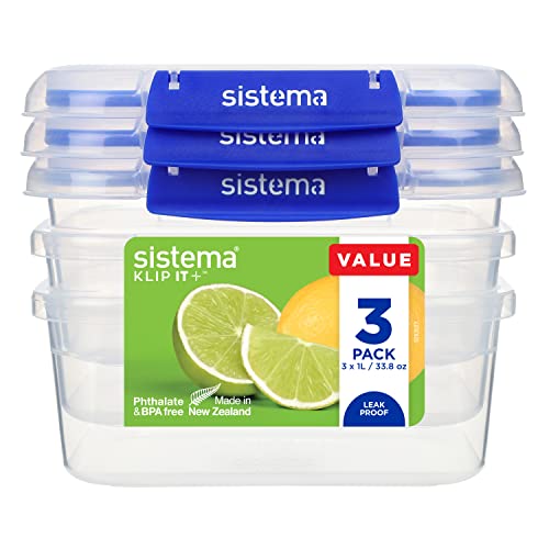 Sistema KLIP IT PLUS Food Storage Containers | 1 L | Leak-Proof, Stackable & Airtight Fridge/Freezer Containers with Lids | BPA-Free Plastic | Recyclable with TerraCycle® | 3 Count
