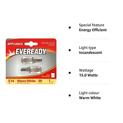 Eveready Pack of 2 - 15W SES/E14 Small Edison Screw Light Bulb, Halogen, Warm White, for Fridge - Transparent