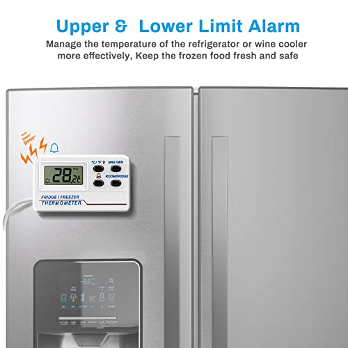 Fridge Thermometer Digital, Welltop Freezer Thermometer with Probe, Freezer Alarm with Max/Min Memory for Home Kitchen Bars Cafes