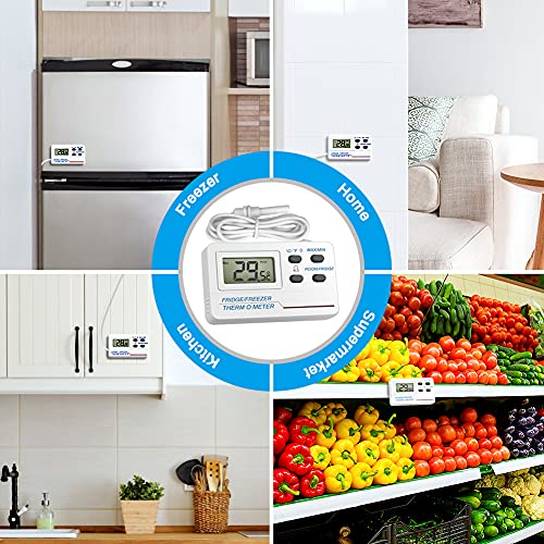 Fridge Thermometer Digital, Welltop Freezer Thermometer with Probe, Freezer Alarm with Max/Min Memory for Home Kitchen Bars Cafes
