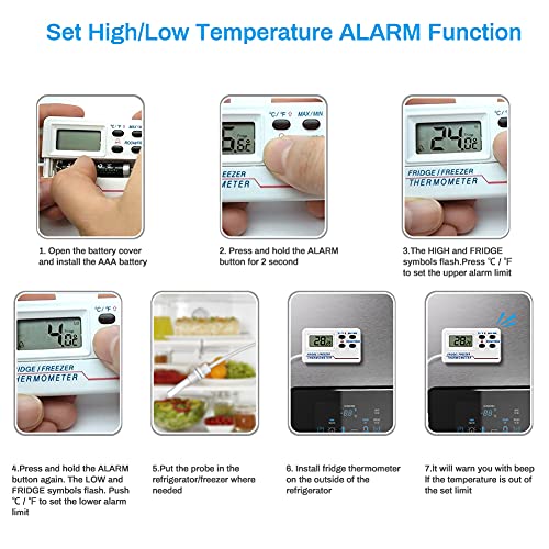 Fridge Thermometer Digital, Welltop Freezer Thermometer with Probe, Freezer Alarm with Max/Min Memory for Home Kitchen Bars Cafes