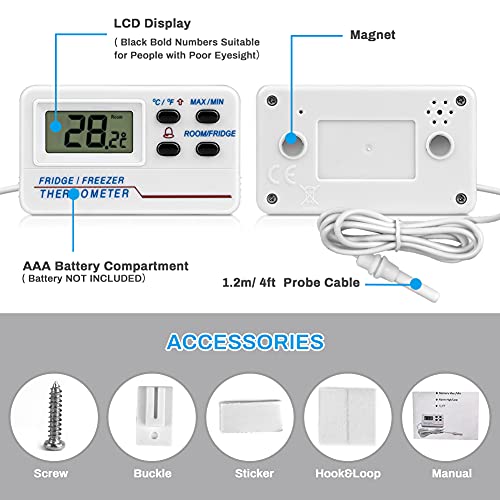 Fridge Thermometer Digital, Welltop Freezer Thermometer with Probe, Freezer Alarm with Max/Min Memory for Home Kitchen Bars Cafes