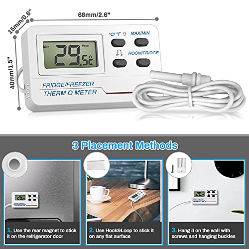 Fridge Thermometer Digital, Welltop Freezer Thermometer with Probe, Freezer Alarm with Max/Min Memory for Home Kitchen Bars Cafes