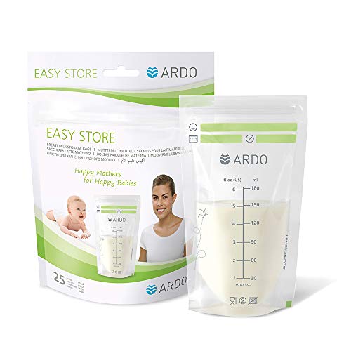 Ardo Easy Store Breastmilk Storage Bags. Pre-Sterilised Pouch To Store In Fridge & Freeze Breast Milk. BPA Free Bag With Measure Line & Tabs. Leak Proof With Double Zips. (180 ml Capacity, 25 Bags)