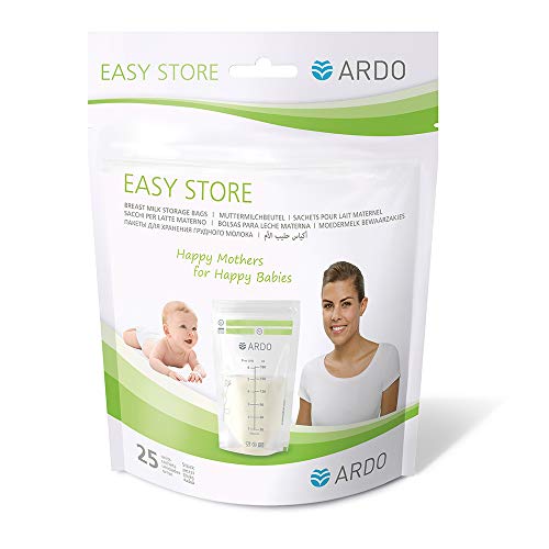 Ardo Easy Store Breastmilk Storage Bags. Pre-Sterilised Pouch To Store In Fridge & Freeze Breast Milk. BPA Free Bag With Measure Line & Tabs. Leak Proof With Double Zips. (180 ml Capacity, 25 Bags)