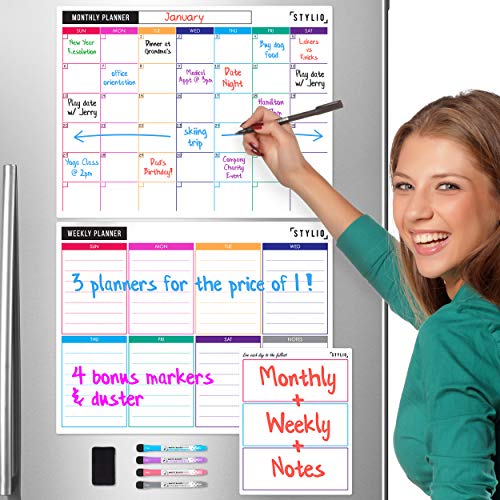 STYLIO Magnetic Fridge Family Planner: 3 Monthly, Weekly, Daily Planners. Meal Planner Board, Weekly Planner Whiteboard for Wall, Magnetic Meal Planner for Fridge, Magnetic Fridge Whiteboard Calendar