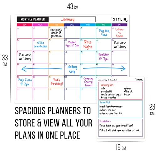STYLIO Magnetic Fridge Family Planner: 3 Monthly, Weekly, Daily Planners. Meal Planner Board, Weekly Planner Whiteboard for Wall, Magnetic Meal Planner for Fridge, Magnetic Fridge Whiteboard Calendar