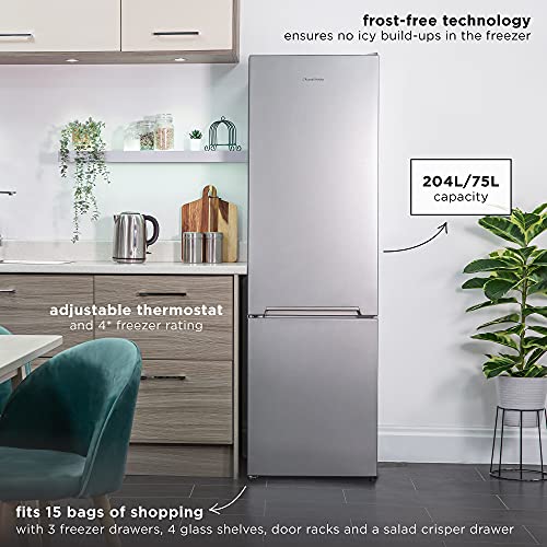 Russell Hobbs RH180FFFF55S Freestanding Frost Free Fridge Freezer with Adjustable Thermostat & Feet, 70/30 279L 180cm High, LED Light, 2 Year Guarantee, Silver