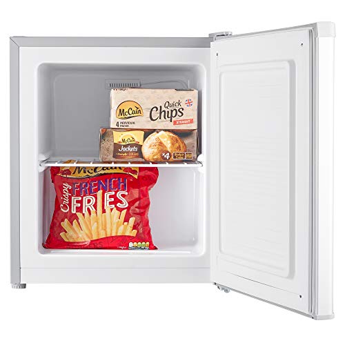 Cookology MFZ32SL 32 Litre Capacity Small Table Top Mini Freezer, with Adjustable Temperature control and Legs, Removable Wire Shelf and a 4 Star Freezer Rating - In Silver