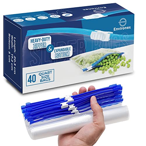 ENVIRONEX 40pcs Slider Freezer Bags Quart Size (1L) - Reusable Ziplock Bags for Food Storage, Snacks, Fruits, Veggies - Airtight, Expandable Bottom - BPA Free