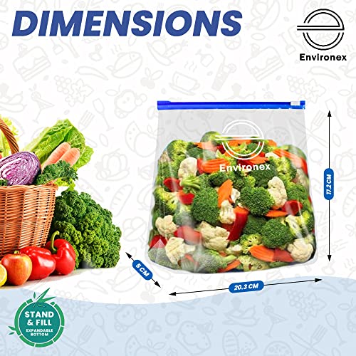 ENVIRONEX 40pcs Slider Freezer Bags Quart Size (1L) - Reusable Ziplock Bags for Food Storage, Snacks, Fruits, Veggies - Airtight, Expandable Bottom - BPA Free