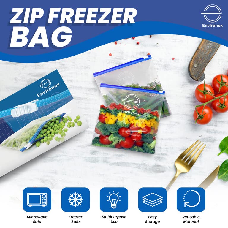 ENVIRONEX 40pcs Slider Freezer Bags Quart Size (1L) - Reusable Ziplock Bags for Food Storage, Snacks, Fruits, Veggies - Airtight, Expandable Bottom - BPA Free