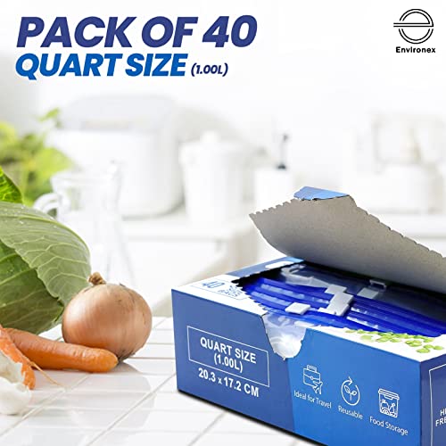 ENVIRONEX 40pcs Slider Freezer Bags Quart Size (1L) - Reusable Ziplock Bags for Food Storage, Snacks, Fruits, Veggies - Airtight, Expandable Bottom - BPA Free