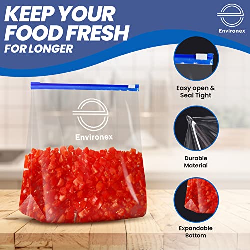 ENVIRONEX 40pcs Slider Freezer Bags Quart Size (1L) - Reusable Ziplock Bags for Food Storage, Snacks, Fruits, Veggies - Airtight, Expandable Bottom - BPA Free