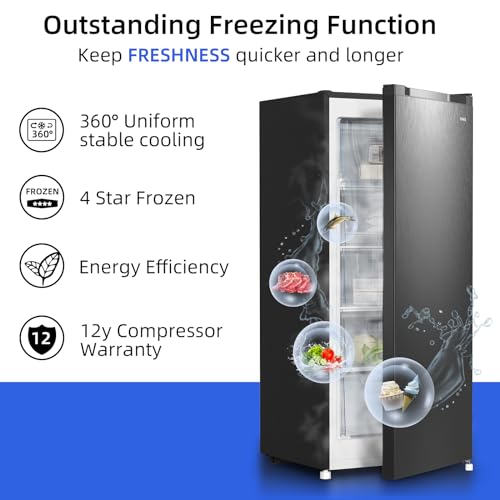 CHiQ Freestanding Upright Freezer with 145L Capacity, E, 5 Levels, Fast Freezing, Adjustable Thermostat, Silent, Reversible Doors, Black, 2023 New