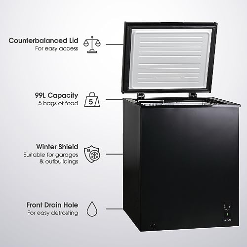 Abode ACF99B Freestanding Black Chest Freezer 99L with Removable Wire Basket & Counter Balance Lid, Adjustable Thermostat, Suitable for Garages & Outbuildings