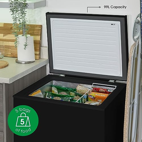 Abode ACF99B Freestanding Black Chest Freezer 99L with Removable Wire Basket & Counter Balance Lid, Adjustable Thermostat, Suitable for Garages & Outbuildings