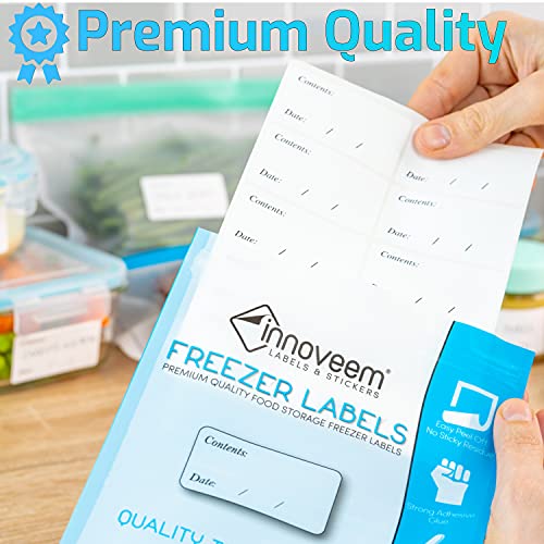 Innoveem Freezer Labels Easy Peel Off - Frozen Food Labels Stickers That Leave No Sticky Residue After Use - Perfectly Sized Reusable Fridge Labels (6 x 3cm) with Easy to Write Surface. [100 Pack]