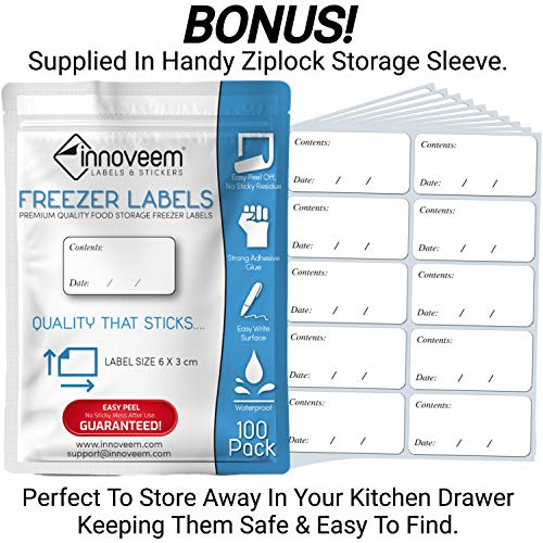 Innoveem Freezer Labels Easy Peel Off - Frozen Food Labels Stickers That Leave No Sticky Residue After Use - Perfectly Sized Reusable Fridge Labels (6 x 3cm) with Easy to Write Surface. [100 Pack]